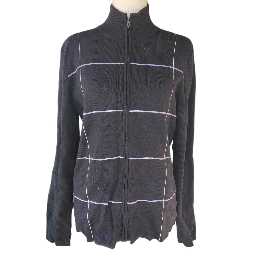 Foxcroft Zip Front Nylon Silk Blend Black White Grid Print Knit Jacket Medium